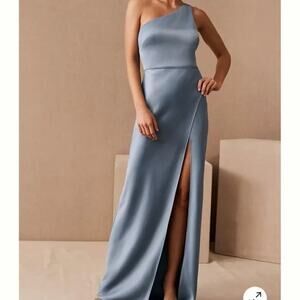 BHLDN Dylan One-Shoulder Satin Side Slit Gown Bridesmaid Maxi Dress Dusty Blue 8